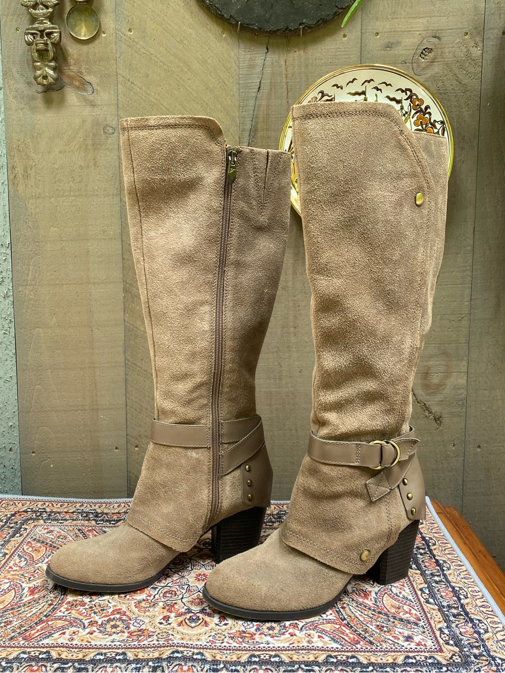 Fergie Taupe Suede Knee-High Block Heel Boots